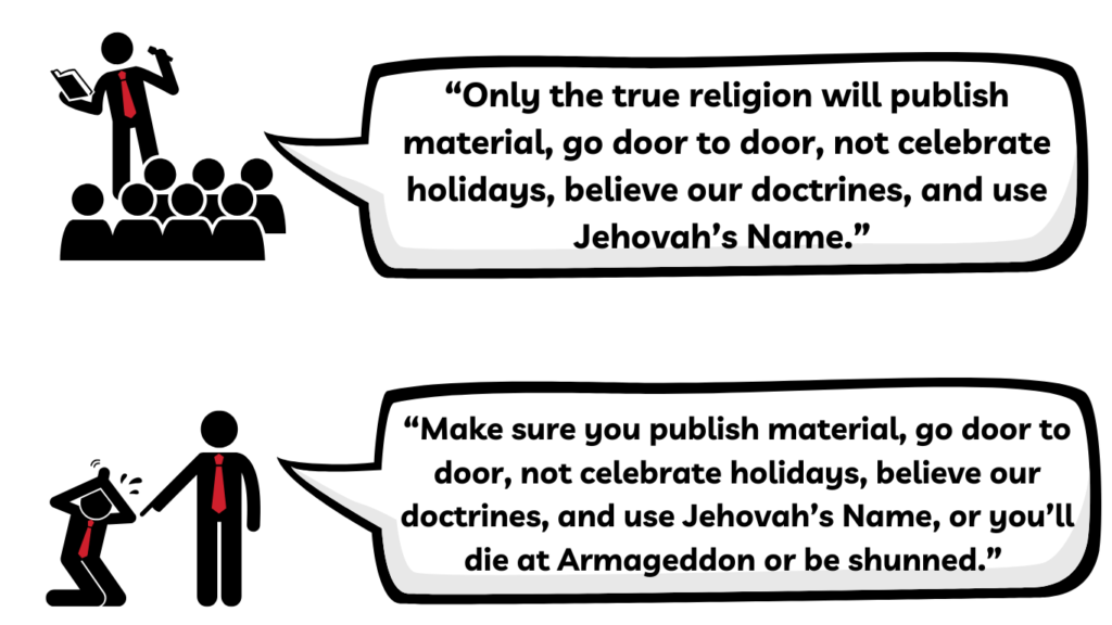 A witness speaking to members saying "Only the true religion will publish material, go door to door, not celebrate holidays, believe our doctrines, and use Jehovah’s Name.” 
Then in another instance a Jehovah's Witness chastising another saying “Make sure you publish material, go door to door, not celebrate holidays, believe our doctrines, and use Jehovah’s Name, or you’ll die at Armageddon or be shunned.” 